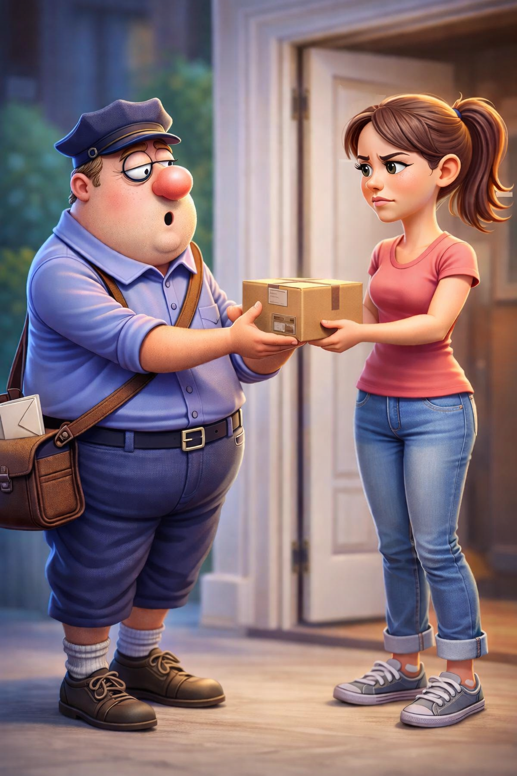 A cartoon postman handing a parcel to a smiling young woman at her door